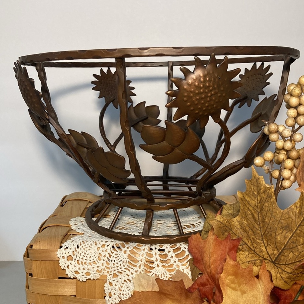 Autumn Harvest Leaves And Sunflowers Decorative Wrought Metal Bowl